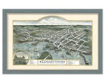 Edgartown, Martha's Vineyard Birds Eye View 1886 Colored Reproduction