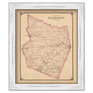 May include: Antique map of Harrison Township, New Jersey, printed in black and white with pink highlights. The map shows roads, rivers, and the names of towns and villages.