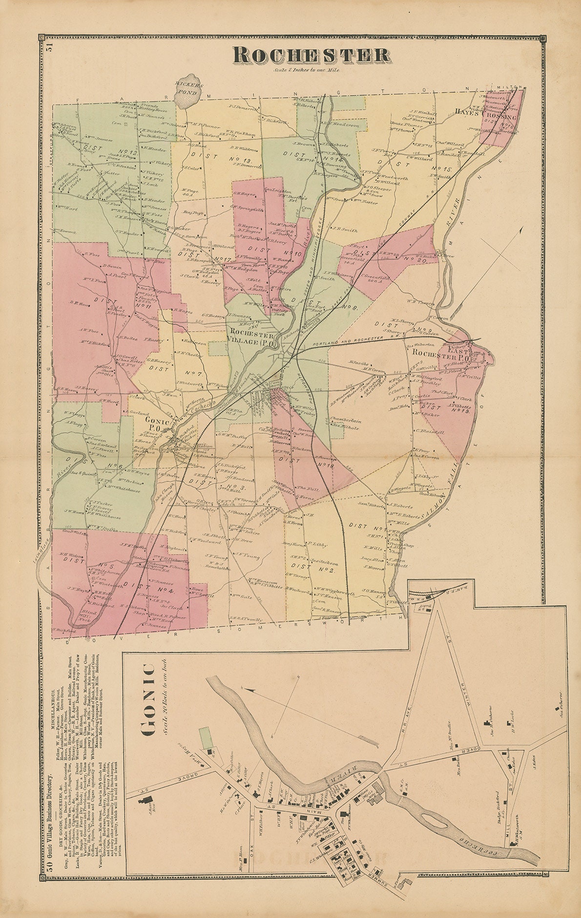 Town of ROCHESTER, New Hampshire 1871 Map, Replica or GENUINE ORIGINAL