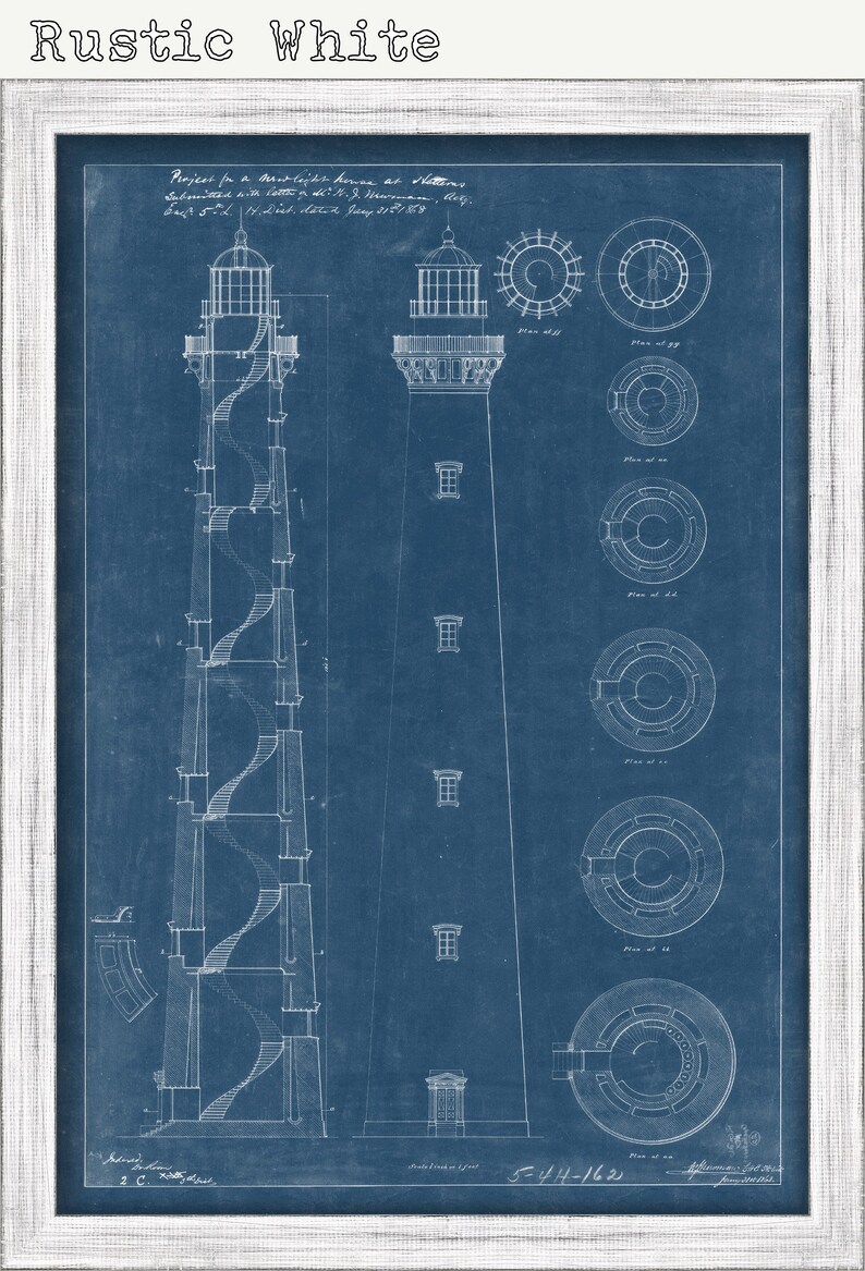 May include: A blueprint drawing of a lighthouse on a blue background. The drawing shows the lighthouse from the side and includes details of the interior, including the stairs and the lantern room. The text "Project for a Light-house at Hatteras, Submitted with a letter to the Lt. J.N. Macomb, Chief. Eng'r. / 2nd District, June 27th 1873." is visible at the top of the drawing.