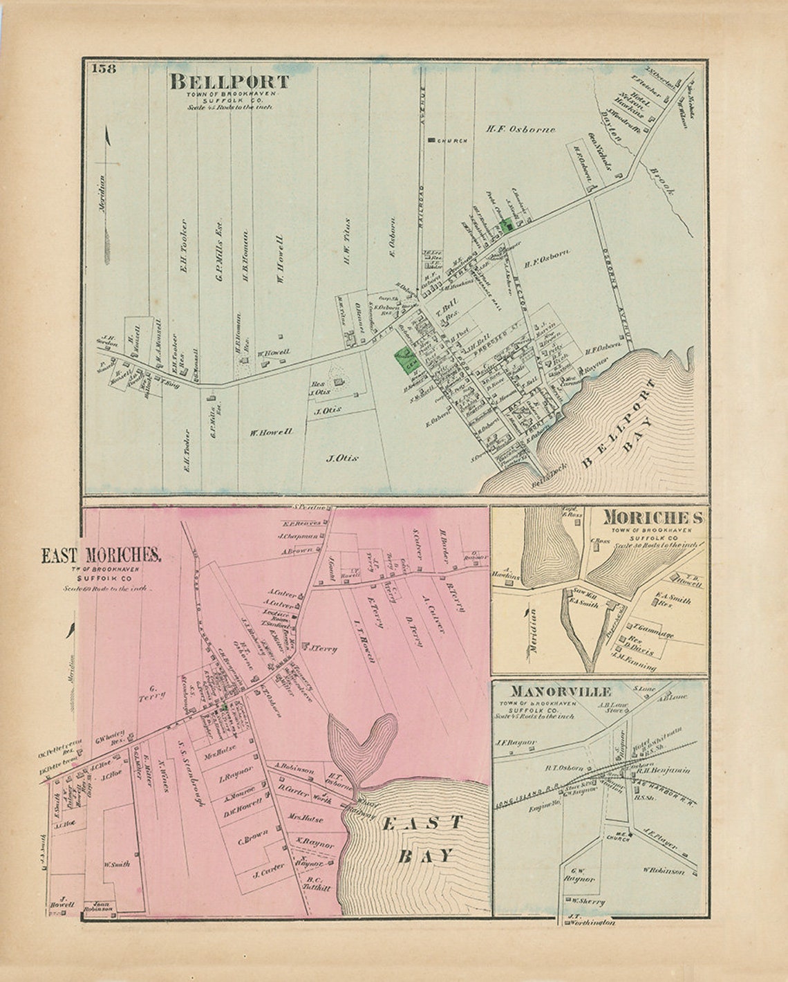 Bellport and East Moriches Brookhaven New York 1873 Map Etsy