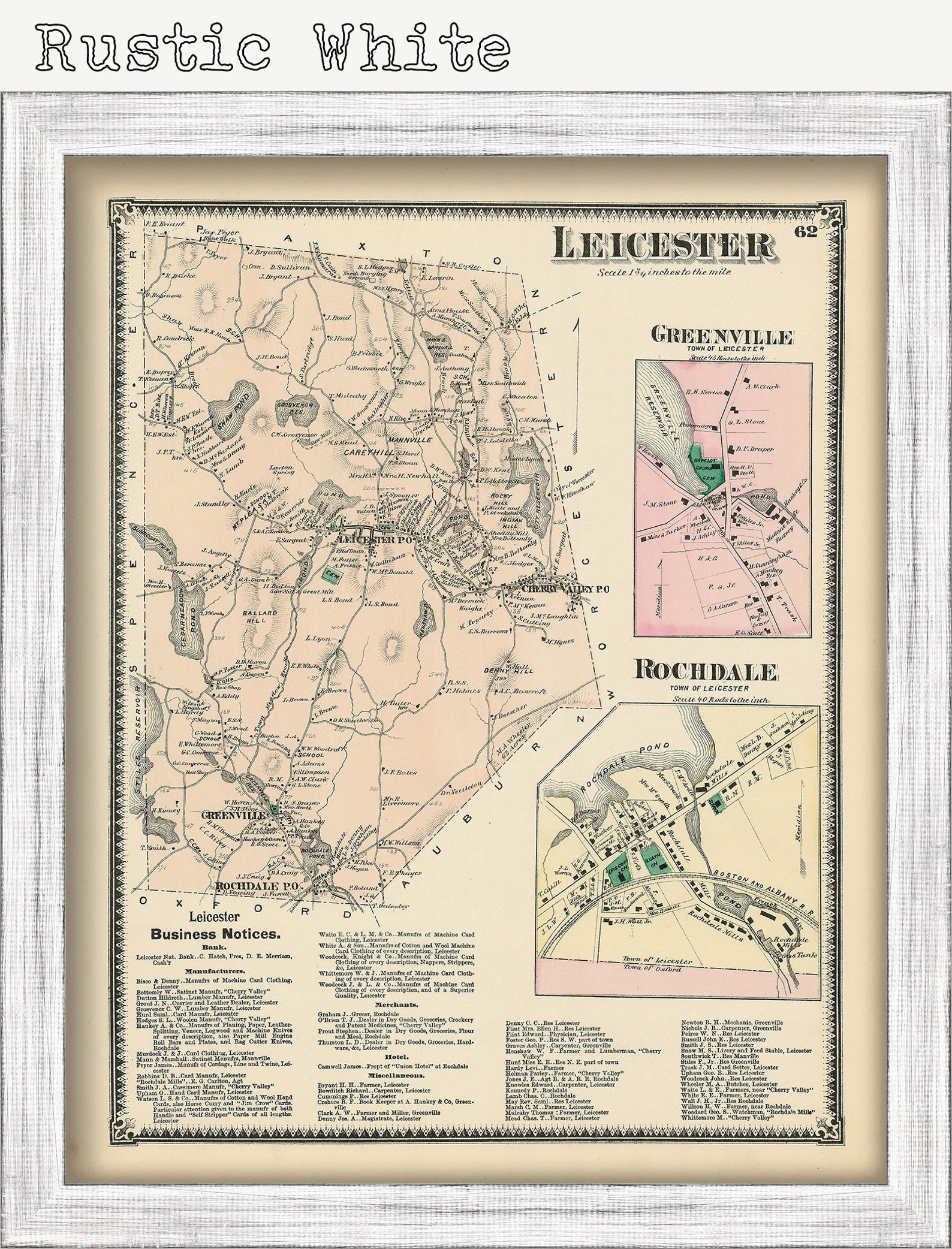 Town of LEICESTER Massachusetts 1870 Map Etsy