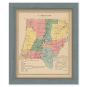 May include: A vintage map of Southington, Connecticut, with a detailed layout of the town's districts and surrounding areas. The map is printed in black and white with colored accents, including yellow, green, pink, and blue.