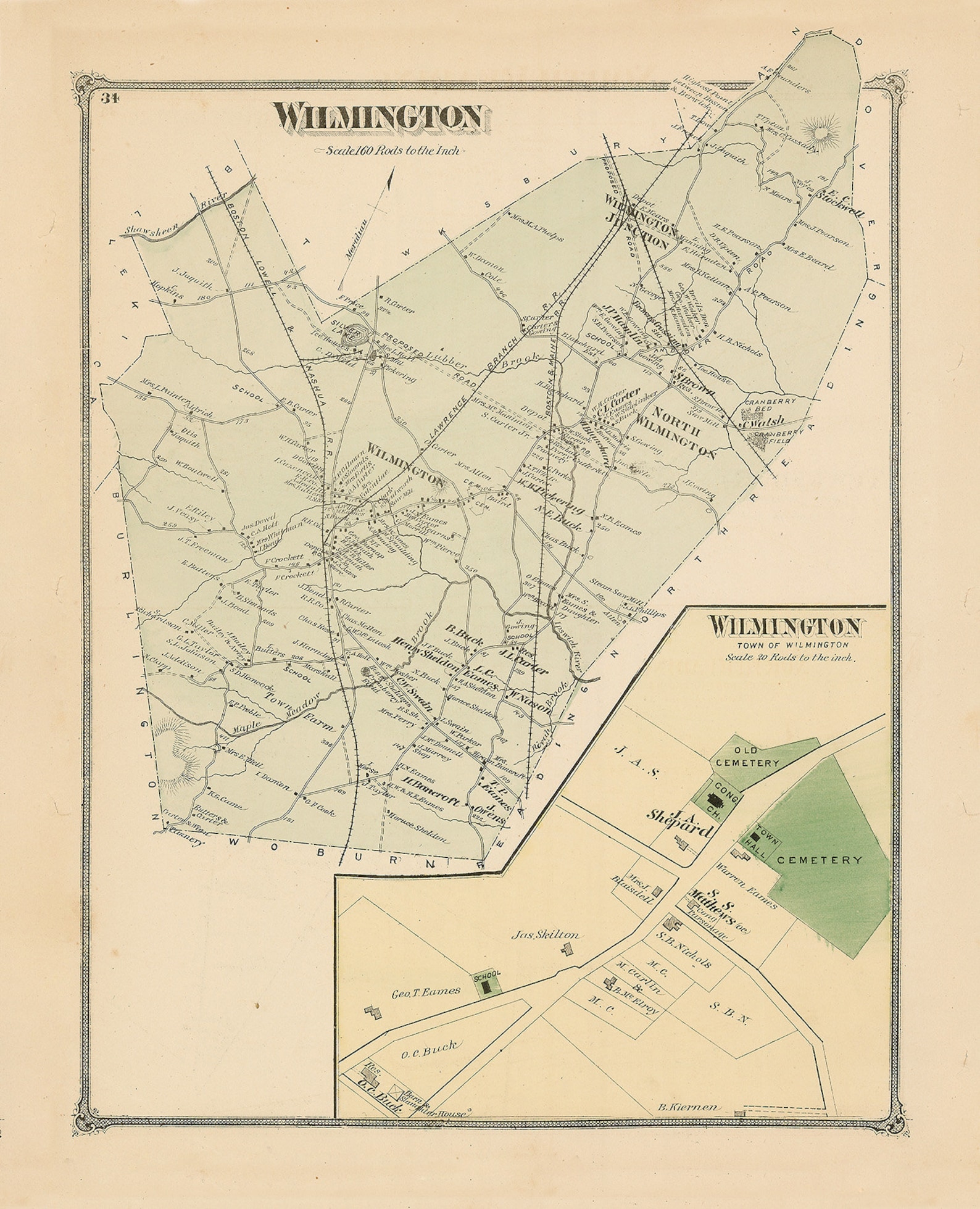 Town of WILMINGTON Massachusetts 1875 Map Etsy