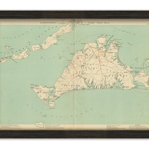 May include: A vintage map of the island of Nantucket, Massachusetts. The map shows the island's roads, towns, and waterways. The map is printed on a light blue background with brown lines and text. The title "MASSACHUSETTS ATLAS PLATE No. II" is printed at the top of the map.