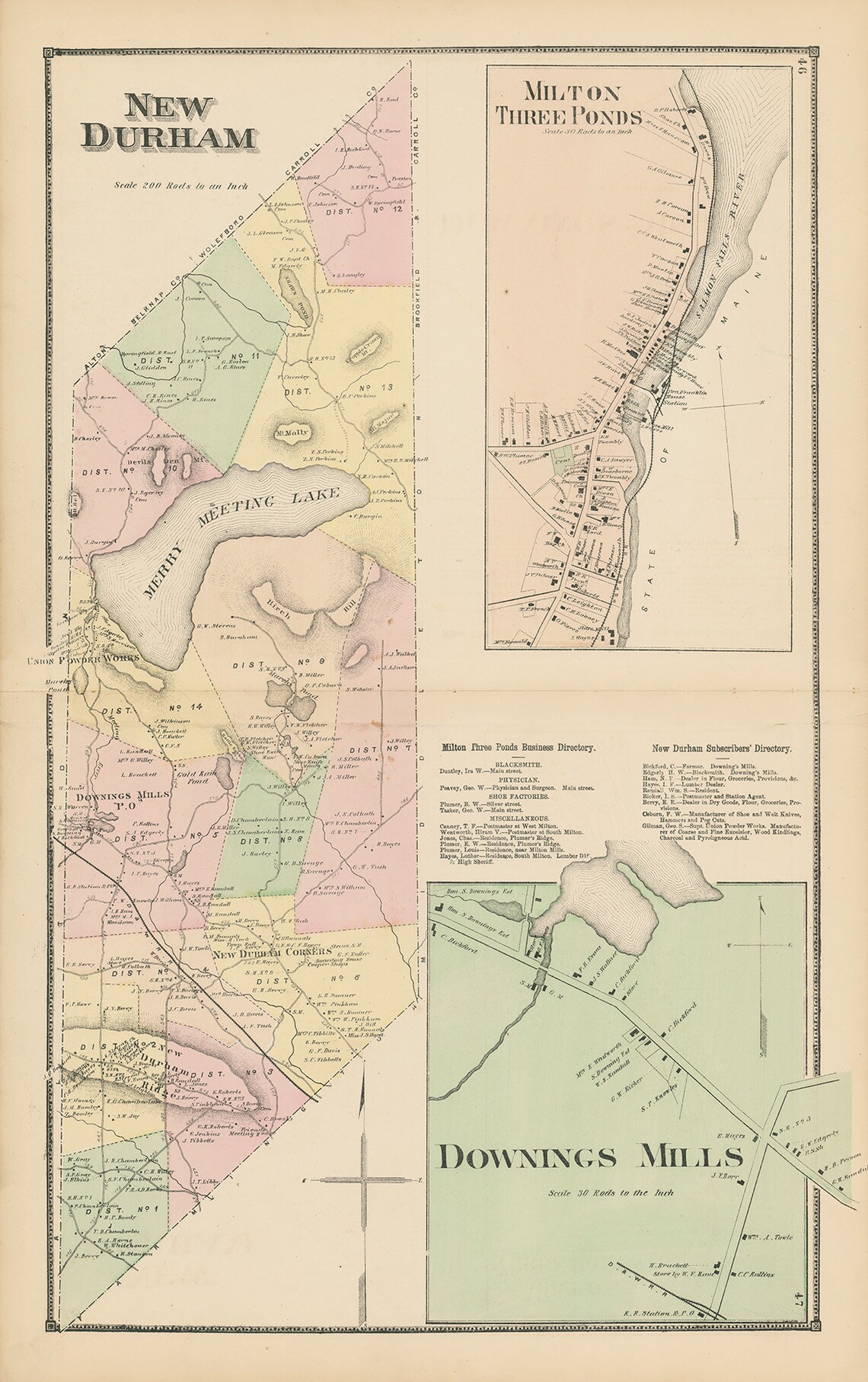 Town of New Durham New Hampshire 1871 Map Replica or GENUINE Etsy