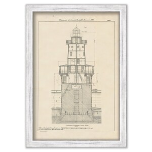 May include: A black and white line drawing of a lighthouse cross-section. The drawing shows the interior of the lighthouse, including the stairs, the lantern room, and the foundation. The text "Hooper Island Light House, Md." is at the top of the drawing.