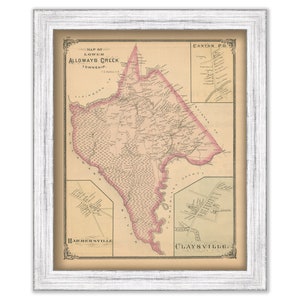 May include: An antique map of Alloways Creek Township in Canton, Pennsylvania. The map is framed in a white frame and features a detailed outline of the township with roads, waterways, and property boundaries. The map is printed in black and white with pink accents.