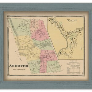May include: An antique map of Andover, Massachusetts, with a scale of 1 inch to the mile. The map shows the town's streets, buildings, and landmarks. The map is framed in a light blue frame. The map also includes a business directory for Andover.