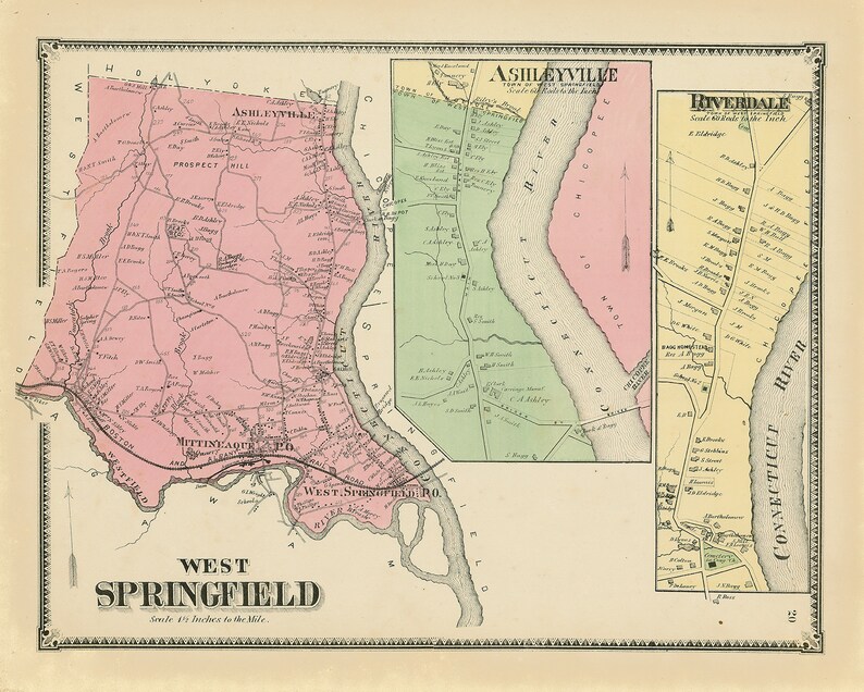 Town of WEST SPRINGFIELD, Massachusetts 1870 Map - Etsy