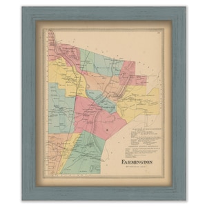May include: A vintage map of Farmington, Connecticut, printed in 1874. The map is divided into districts, including the North District, South District, West District, and East Farm. The map is printed in shades of pink, yellow, green, and blue.