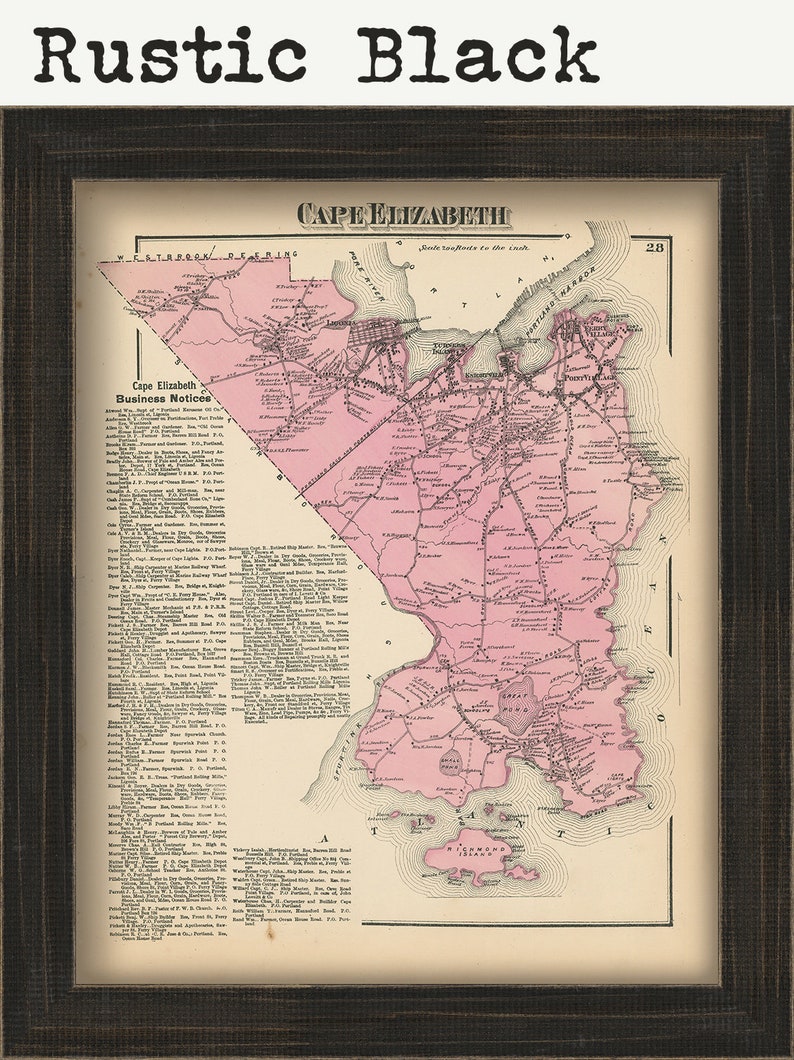 May include: A vintage map of Cape Elizabeth, Maine, printed in black and white with pink highlights. The map shows roads, towns, and landmarks. The title "Cape Elizabeth" is printed at the top of the map. The text "Business Notices" is printed in a box on the left side of the map.