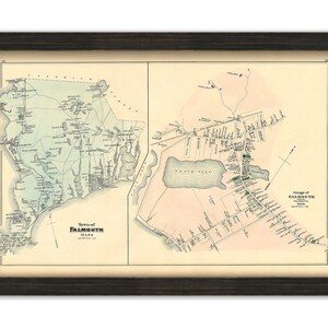 May include: An antique map of Falmouth, Massachusetts, showing the town and village. The map is printed in black, brown, green, and blue ink on a cream-colored paper. The map is framed in a dark brown frame.