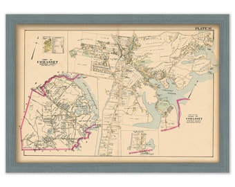 COHASSET, Massachusetts Town & Village 1903 Map Colored Reproduction