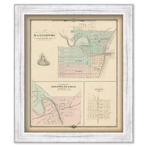 MANITOWOC and SHEBOYGAN FALLS, Wisconsin 1878 Map, Replica or Genuine Original