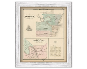 MANITOWOC and SHEBOYGAN FALLS, Wisconsin 1878 Map, Replica or Genuine Original