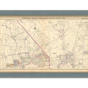 May include: An antique map of Westbury, Jericho, Hicksville, Locust Grove, etc. in New York. The map is printed on cream-colored paper and features red and black lines to show roads and boundaries. The map is framed in a light blue frame.