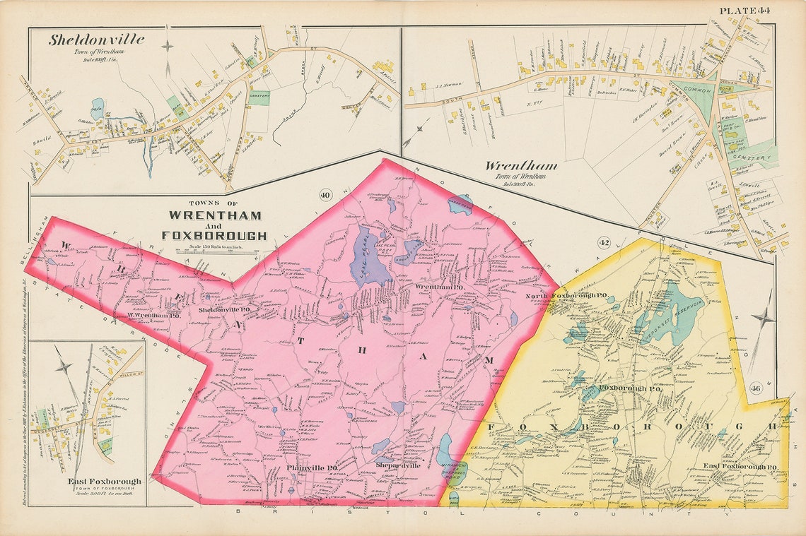 Towns of WRENTHAM and FOXBOROUGH Massachusetts 1888 Map Etsy