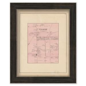 May include: A vintage map of Canarsie, Town of Flatbush, Kings County, New York, printed in black and white on a pink background. The map shows streets, property lines, and the names of residents.
