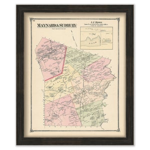 May include: An antique map of Maynard and Sudbury, Massachusetts, published by J.C. Howe. The map shows the towns' boundaries, roads, and landmarks. The map is printed in black, red, green, and blue ink on cream-colored paper.