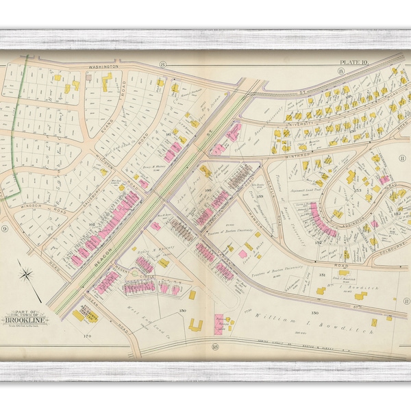 BROOKLINE, Massachusetts 1900 map, Plate 10 - Washington Square, Beacon Street - Replica or GENUINE ORIGINAL