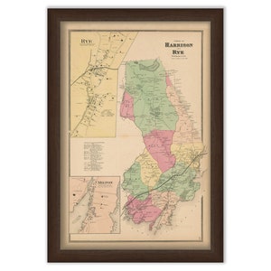 May include: An antique map of Harrison, Rye, and Milton, New York. The map is printed in black, brown, green, pink, and yellow ink on a cream-colored background. The map shows the towns of Harrison, Rye, and Milton, as well as the surrounding area. The map is framed in a brown wooden frame.