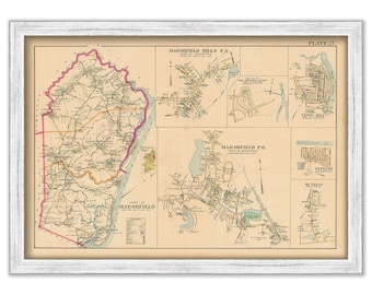 MARSHFIELD Town & Villages, Massachusetts 1903 Map Colored Reproduction