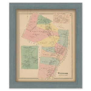 May include: A vintage map of Poquonock, Windsor, Connecticut, showing the different districts of the town. The map is printed in black and white with colored districts. The map is framed in a light blue frame.