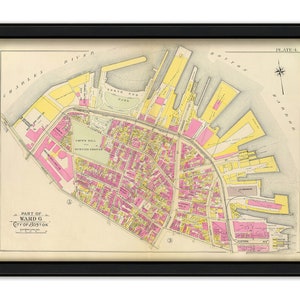 May include: A vintage map of part of Ward 6 in the City of Boston, Massachusetts. The map is printed on cream-colored paper and features a detailed layout of streets, parks, and waterways. The map is framed in black and includes the text "PLATE 4."