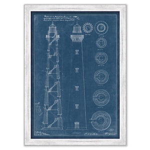 May include: A blueprint style illustration of a lighthouse with a spiral staircase. The drawing is on a blue background with white lines. The text "Plan of the Lighthouse at Hatteras, N.C.  distance from water 167 ft 3 in.  height of tower 187 ft 3 in." is at the top of the image.