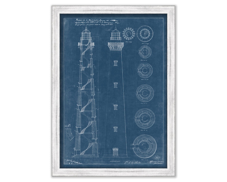 May include: A blueprint style illustration of a lighthouse with a spiral staircase. The drawing is on a blue background with white lines. The text "Plan of the Lighthouse at Hatteras, N.C.  distance from water 167 ft 3 in.  height of tower 187 ft 3 in." is at the top of the image.