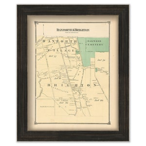 May include: An antique map of Danforth & Brighton, a town in New York, with a green shaded area labeled "Oakwood Cemetery". The map shows the layout of the town with streets and lots numbered.