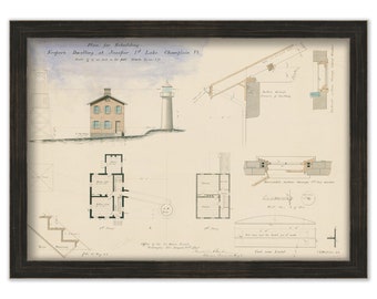 JUNIPER ISLAND LIGHTHOUSE, Lake Champlain, Vermont  - Drawing and Plan of the Lighthouse as it was in 1856