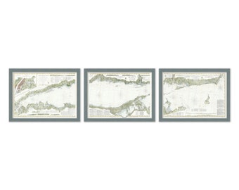 Long Island Sound in 1855 - Colored Nautical Chart - Framed Triptych - 113" x 27" - Modern Reproduction