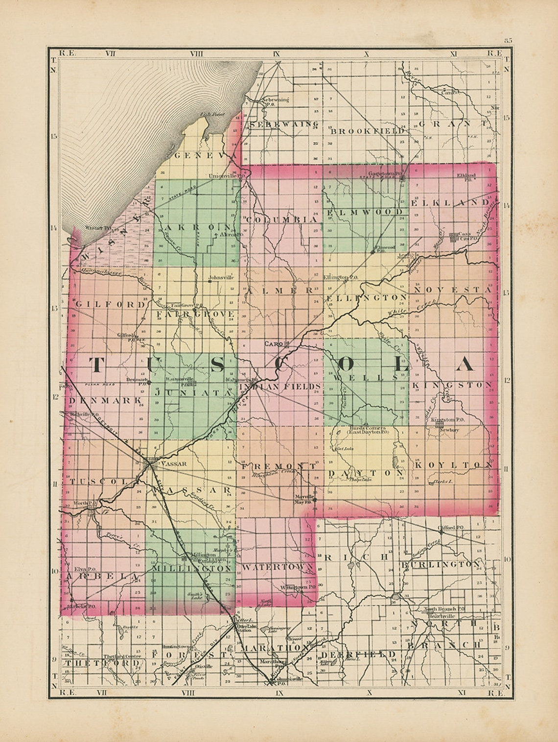 TUSCOLA COUNTY Michigan 1873 Map Replica or Genuine  Etsy