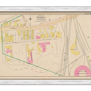 May include: A vintage map of Ward 4 in Boston, Massachusetts. The map shows streets, buildings, and railroad tracks. The map is labeled "Ward 4, City of Boston" and "Plate 20".