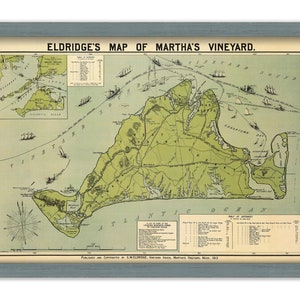 May include: An antique map of Martha's Vineyard, Massachusetts, published in 1903 by S.W. Eldridge. The map shows the island's coastline, towns, and roads. The map is printed in green, blue, and brown on a white background. The title "Eldridge's Map of Martha's Vineyard" is printed at the top of the map.