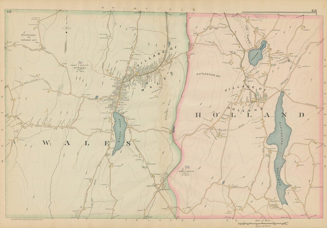 Towns of WALES and HOLLAND Massachusetts 1894 Map Replica Etsy