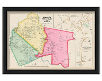 Towns of WELLESLEY, NEEDHAM and DOVER, Massachusetts 1888 Map