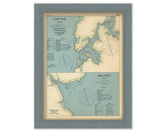CASTINE and BELFAST, Maine 1909 - Nautical Chart by Geo. Eldridge Colored Version