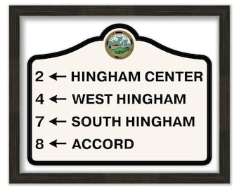 HINGHAM DIRECTIONAL SIGN on Paper showing the millage and direction to Hingham Center, West Hingham, South Hingham and Accord