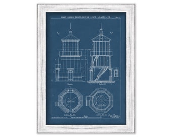 CAPE MEARS LIGHTHOUSE, Oregon  -  Blueprint Drawing and Plan of the Lighthouse as it was in 1888.