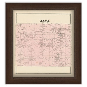 May include: Framed vintage map of Java, featuring a detailed layout with pink and black lines. The map is encased in a dark brown wooden frame, adding a classic touch to the artwork. The word "JAVA" is prominently displayed at the top.