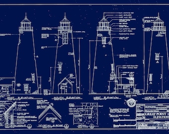 GREAT POINT LIGHTHOUSE, Nantucket, Massachusetts  -  Blueprint Drawing and Plan of the Lighthouse 1985 Restoration Project