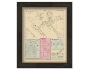 Bay Shore Village, Islip, New York 1873 Map, Replica and GENUINE ORIGINAL