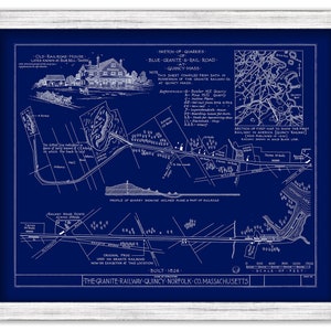 May include: A vintage blueprint map of the Granite Railway in Quincy, Massachusetts, built in 1826. The map shows the location of quarries, the railroad track, and the old railroad house. The text "THE GRANITE RAILWAY-QUINCY-NORFOLK CO. MASSACHUSETTS" is printed at the bottom of the map.