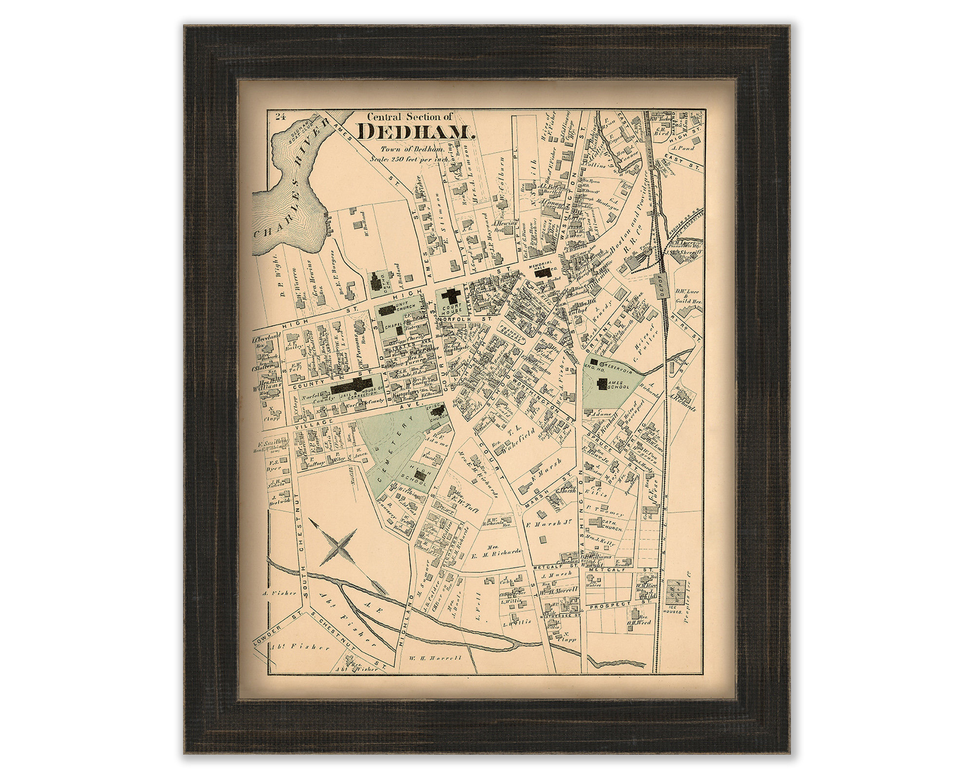 Dedham Center Massachusetts 1876 Map Replica Or Genuine Original