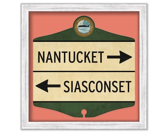 NANTUCKET and SIASCONSET Directional Road Sign, Print on Fine Art Paper, circa 1960s on NANTUCKET Red