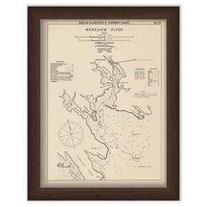 May include: A vintage nautical chart of Wareham River, Massachusetts, with detailed markings for depths, shoals, and other navigational features. The chart includes a compass rose and a legend with abbreviations and symbols.
