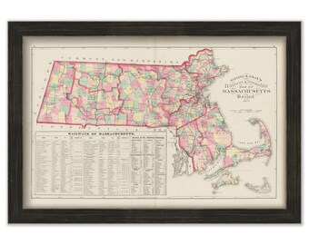 MASSACHUSETTS STATE MAP by Walling and Gray 1871 - Replica or Genuine Original